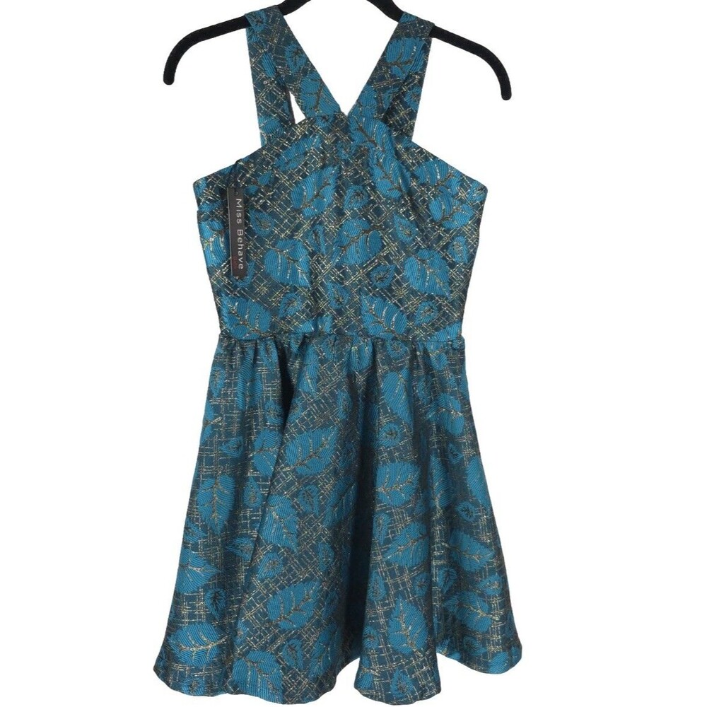 MISS‎ BEHAVE GIRLS New Dress 12 Metallic Turquoise Fit Flare Pleated Stephanie
